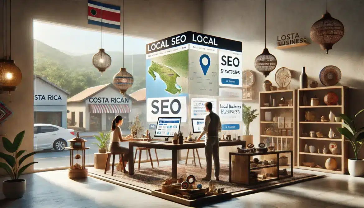 Una imagen de alta calidad que ilustra los beneficios del SEO local para pequeñas empresas costarricenses. La escena muestra un negocio de artesanías local con dos personas trabajando en su tienda, optimizando su presencia en línea con estrategias de SEO local en pantallas digitales. El fondo incluye un mapa de Costa Rica y gráficos que representan la visibilidad local y el crecimiento empresarial a través del SEO.