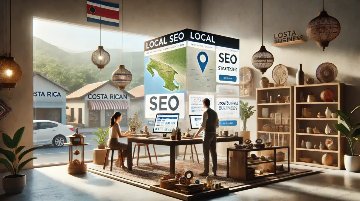 Una imagen de alta calidad que ilustra los beneficios del SEO local para pequeñas empresas costarricenses. La escena muestra un negocio de artesanías local con dos personas trabajando en su tienda, optimizando su presencia en línea con estrategias de SEO local en pantallas digitales. El fondo incluye un mapa de Costa Rica y gráficos que representan la visibilidad local y el crecimiento empresarial a través del SEO.