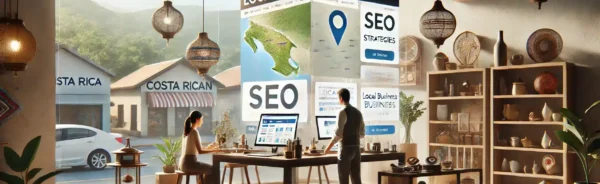 Una imagen de alta calidad que ilustra los beneficios del SEO local para pequeñas empresas costarricenses. La escena muestra un negocio de artesanías local con dos personas trabajando en su tienda, optimizando su presencia en línea con estrategias de SEO local en pantallas digitales. El fondo incluye un mapa de Costa Rica y gráficos que representan la visibilidad local y el crecimiento empresarial a través del SEO.