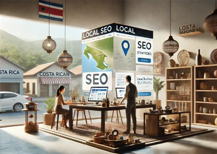 Una imagen de alta calidad que ilustra los beneficios del SEO local para pequeñas empresas costarricenses. La escena muestra un negocio de artesanías local con dos personas trabajando en su tienda, optimizando su presencia en línea con estrategias de SEO local en pantallas digitales. El fondo incluye un mapa de Costa Rica y gráficos que representan la visibilidad local y el crecimiento empresarial a través del SEO.