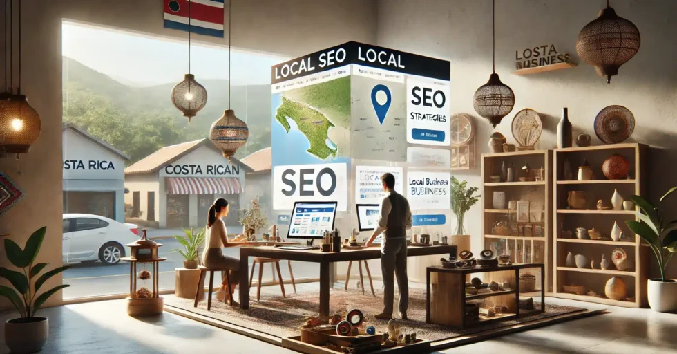 Una imagen de alta calidad que ilustra los beneficios del SEO local para pequeñas empresas costarricenses. La escena muestra un negocio de artesanías local con dos personas trabajando en su tienda, optimizando su presencia en línea con estrategias de SEO local en pantallas digitales. El fondo incluye un mapa de Costa Rica y gráficos que representan la visibilidad local y el crecimiento empresarial a través del SEO.