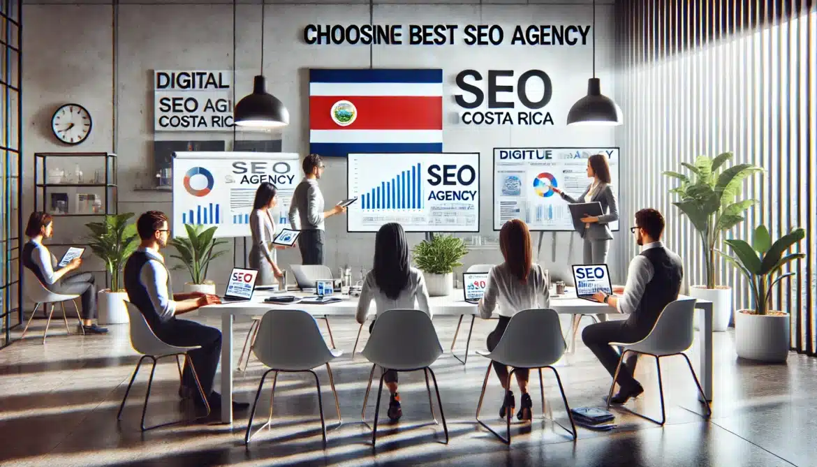 Equipo profesional evaluando datos y estrategias para seleccionar la mejor agencia de SEO en Costa Rica, destacando agencias boutique en un entorno de oficina moderno con gráficos y la bandera de Costa Rica.