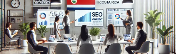 Equipo profesional evaluando datos y estrategias para seleccionar la mejor agencia de SEO en Costa Rica, destacando agencias boutique en un entorno de oficina moderno con gráficos y la bandera de Costa Rica.