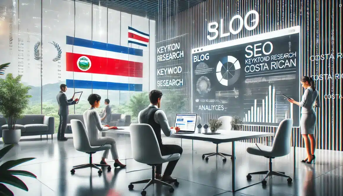 Imagen de alta calidad y realista que muestra el concepto de cómo escribir blogs optimizados para SEO en empresas de Costa Rica. La escena incluye a un equipo de marketing digital trabajando en un espacio moderno, con gráficos y estadísticas relacionadas con la investigación de palabras clave y optimización SEO en una pantalla interactiva. En el fondo, una bandera de Costa Rica resalta el enfoque local del contenido.