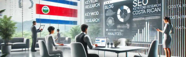 Imagen de alta calidad y realista que muestra el concepto de cómo escribir blogs optimizados para SEO en empresas de Costa Rica. La escena incluye a un equipo de marketing digital trabajando en un espacio moderno, con gráficos y estadísticas relacionadas con la investigación de palabras clave y optimización SEO en una pantalla interactiva. En el fondo, una bandera de Costa Rica resalta el enfoque local del contenido.