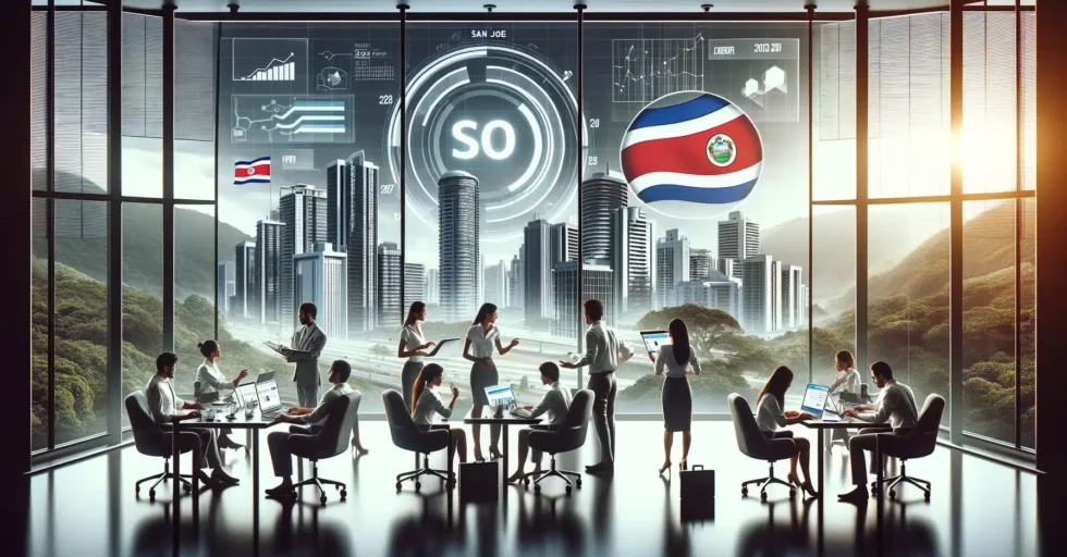 Imagen realista de alta calidad que ilustra el impacto del SEO en las empresas costarricenses en 2024. La escena muestra una oficina moderna en San José, Costa Rica, con profesionales trabajando en estrategias digitales y analizando gráficos de rendimiento SEO, con vistas a edificios de la ciudad y paisajes verdes. SEO en Costa Rica